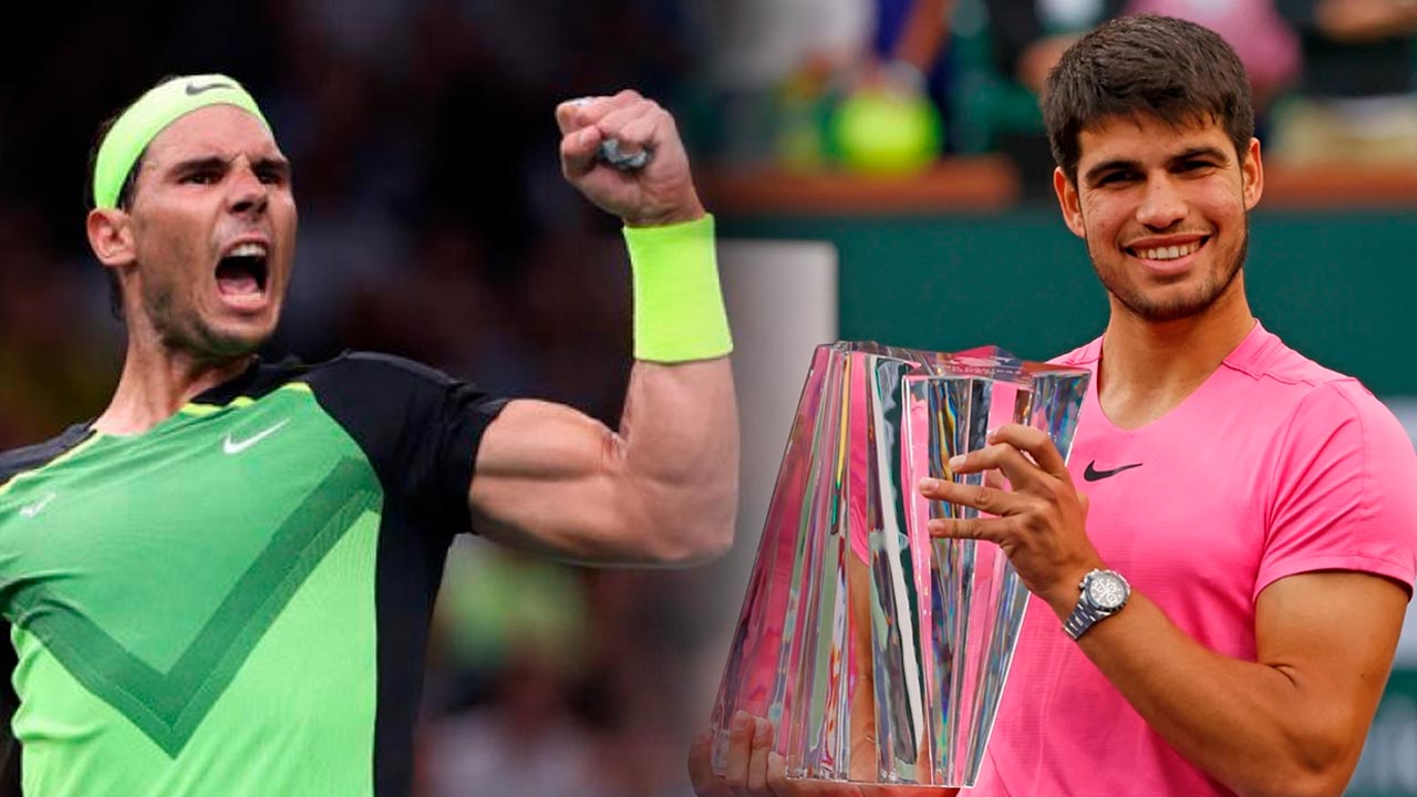 Carlos Alcaraz levanta el trofeo del Masters 1000 de Indian Wells, con Nadal como apoyo durante su lesin